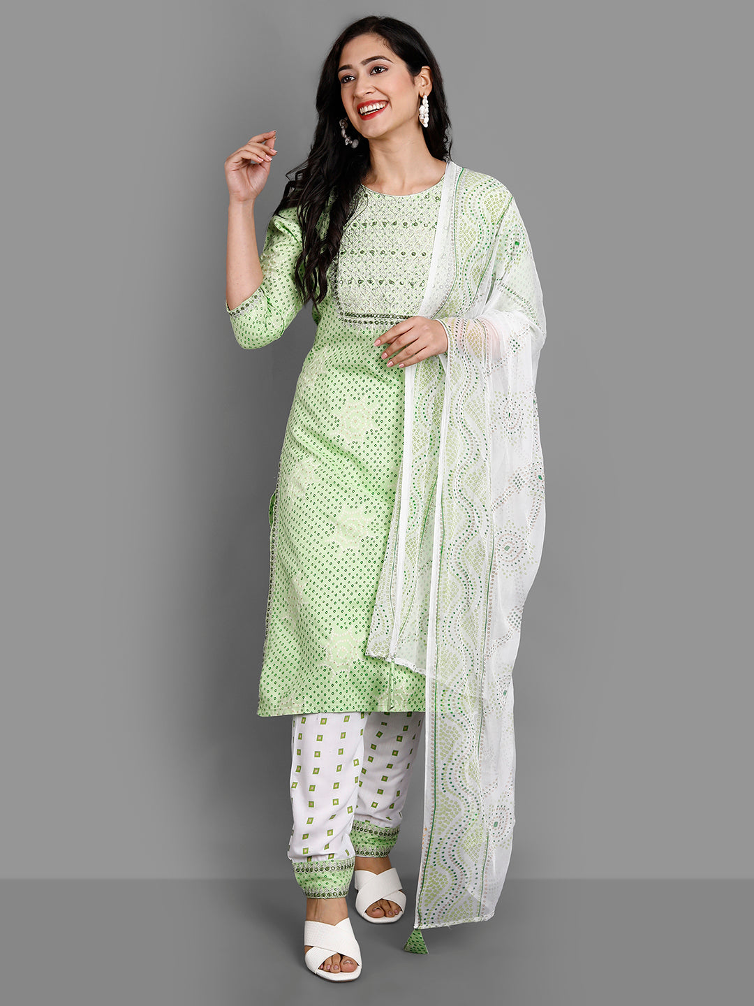 Women's Green Rayon Kurta Pant And Dupatta Set - Noz2Toz