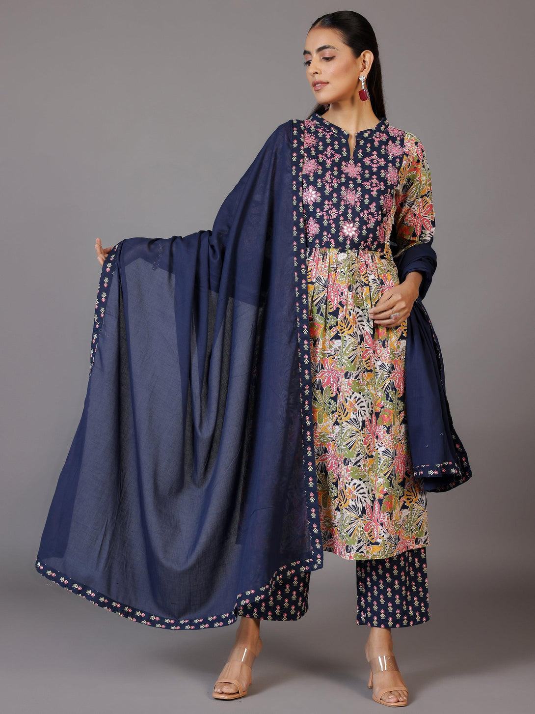 Blue Printed Cotton Straight Suit With Dupatta - Jashvi