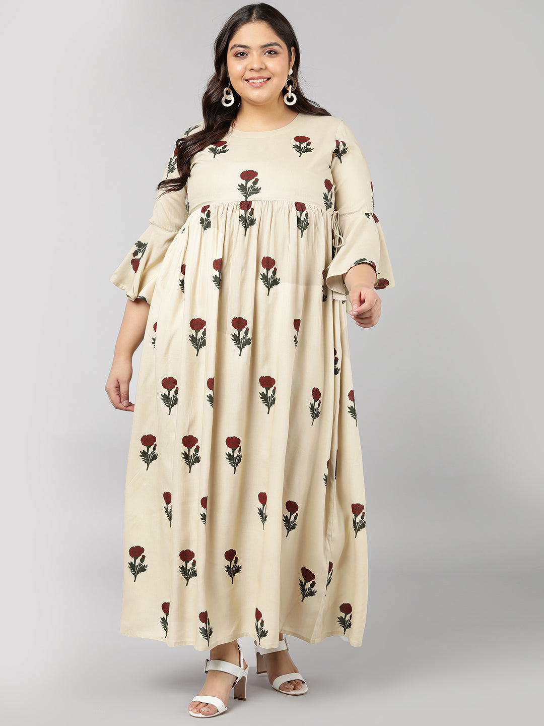 Women's Rayon Floral Print Flared Ethnic Gown (Off-White) - Kipek