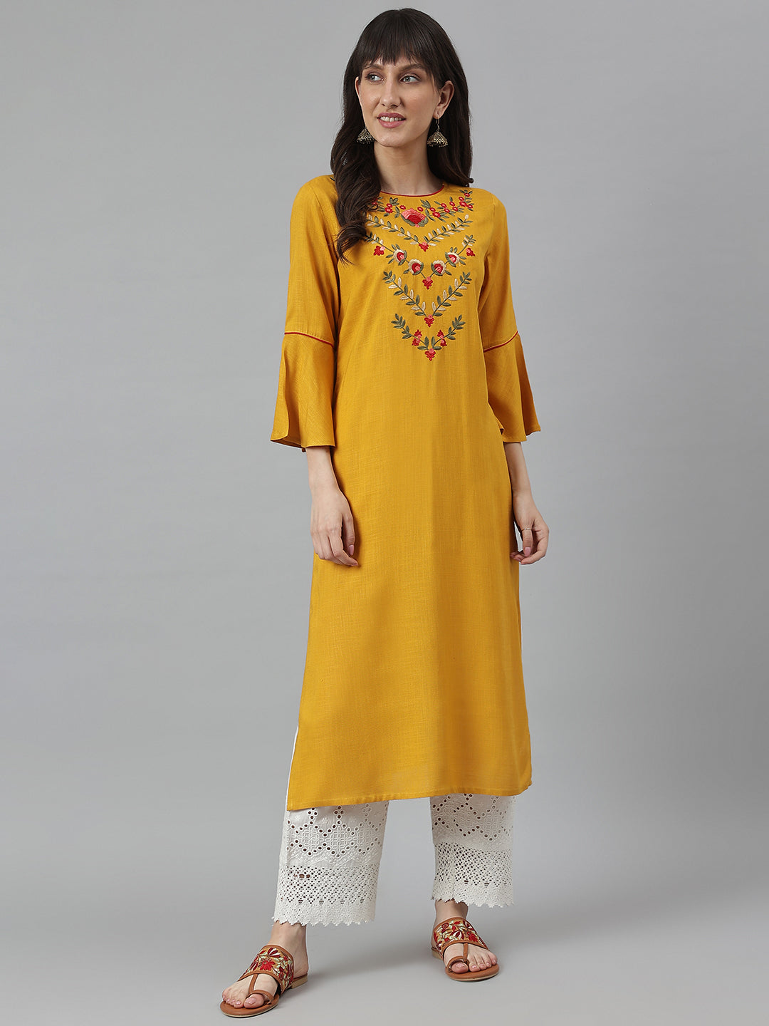 Women's Mustard Straight Embroidery Kurta - Deckedup