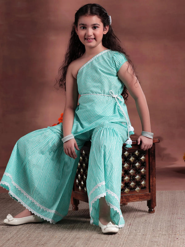 Kids Blue Striped Cotton A-Line Top With Sharara