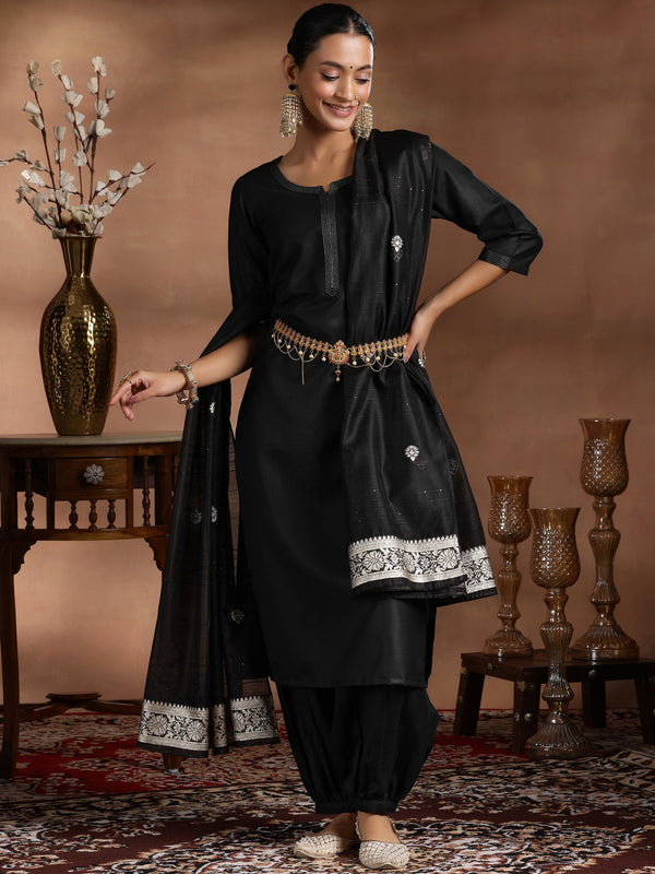 Black Solid Silk Blend Straight Suit With Dupatta