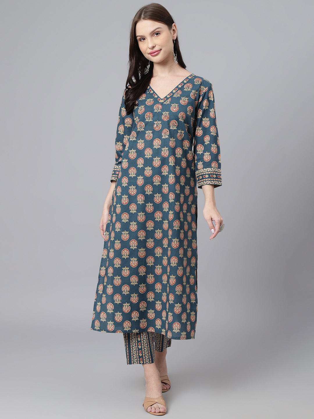 Women's Blue Embroidered Cotton Printed  Straight Kurta With Pant Set - DECKEDUP