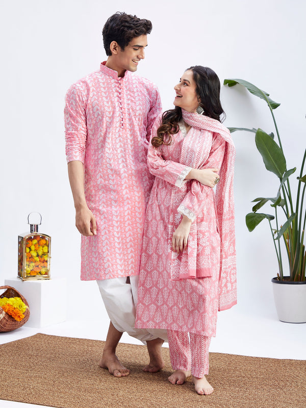 MEN WOMEN 36 - 42 Pink And White Pure Cotton Men's:Kurta and Dhoti Set  Women's:Kurta Set