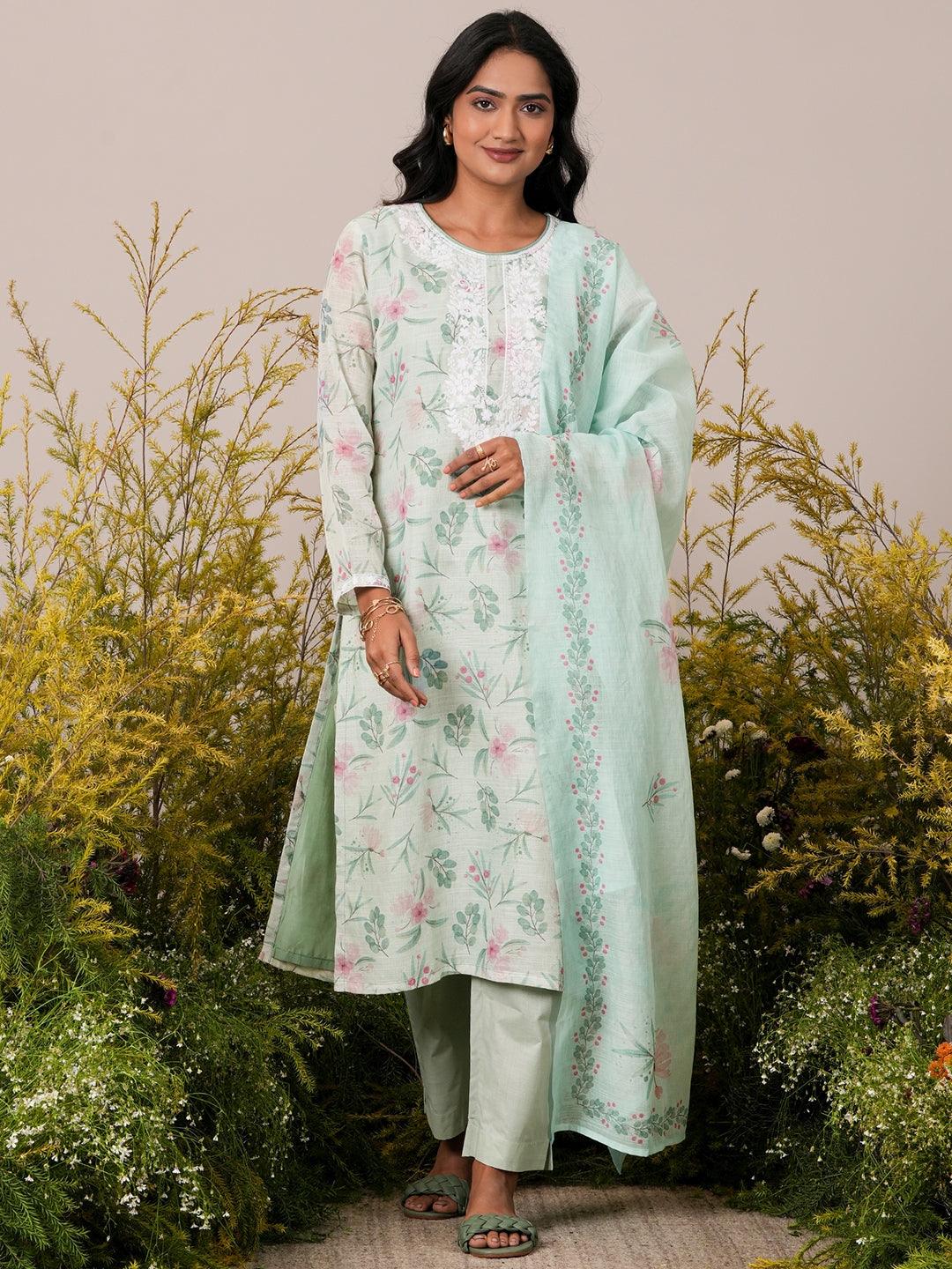 Green Printed Linen Straight Suit With Dupatta - Jashvi