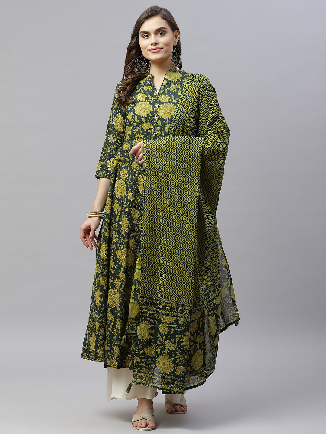 Women's Pure Cotton Printed Anarkali Kurta With Gold Print Dupatta - Miravan