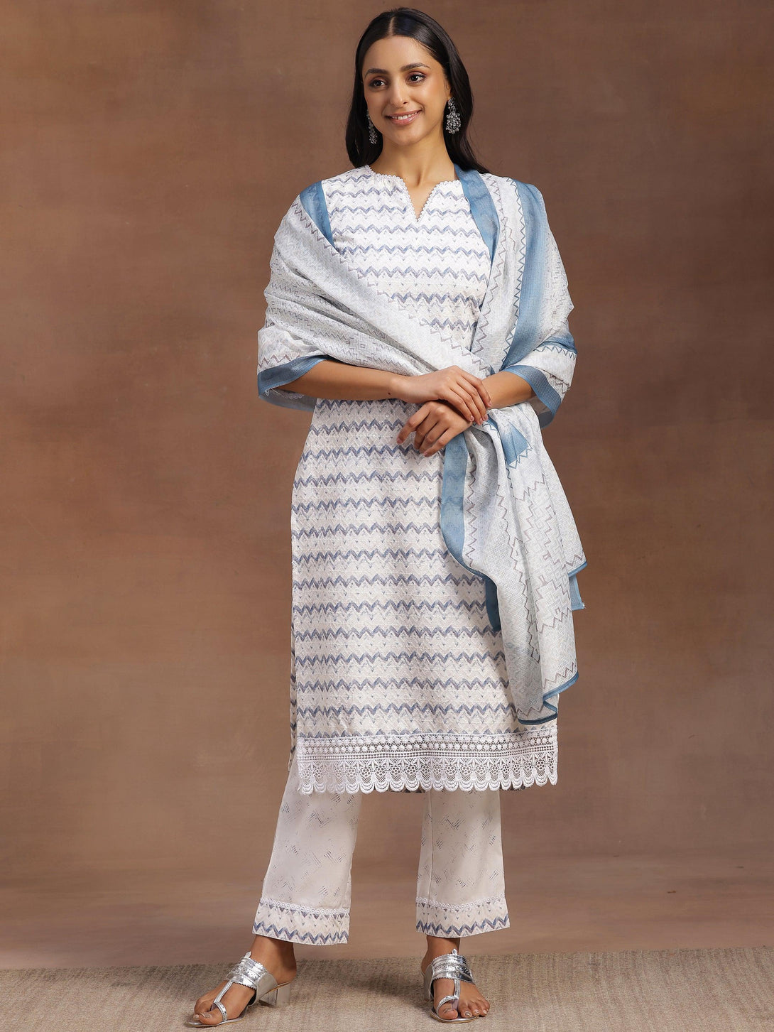 Off White Embroidered Cotton Blend Straight Suit With Dupatta - Jashvi