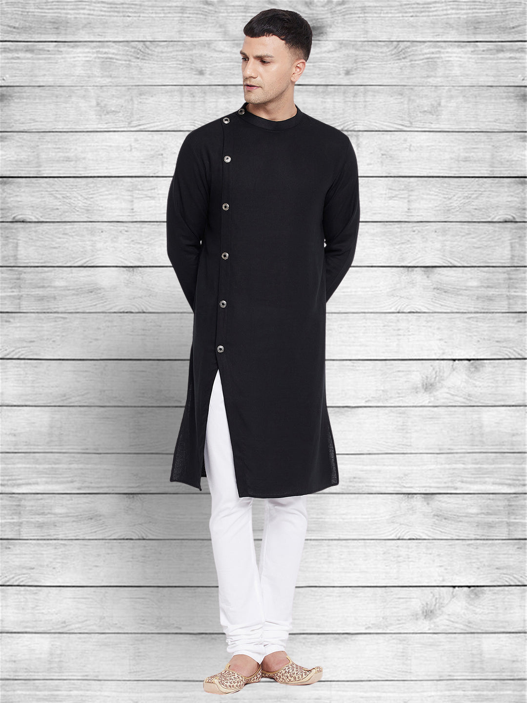 Men's Black Cotton Linen Asymetrical Kurta - Even Apparels