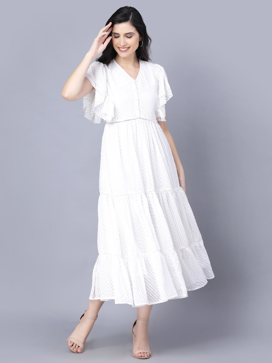 Women's Georgette Solid Short Sleeve V Neck White  Women Dress - Myshka