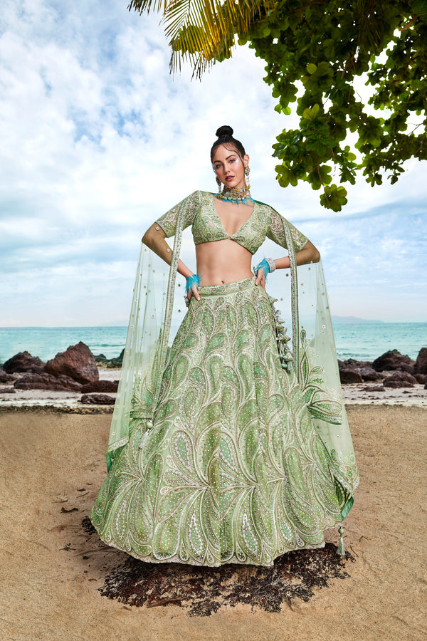 Women's Lime Green Net Multi Sequins With Heavy Zarkan Embroidery Ready To Wear  Lehenga Choli & Dupatta - Royal Dwells