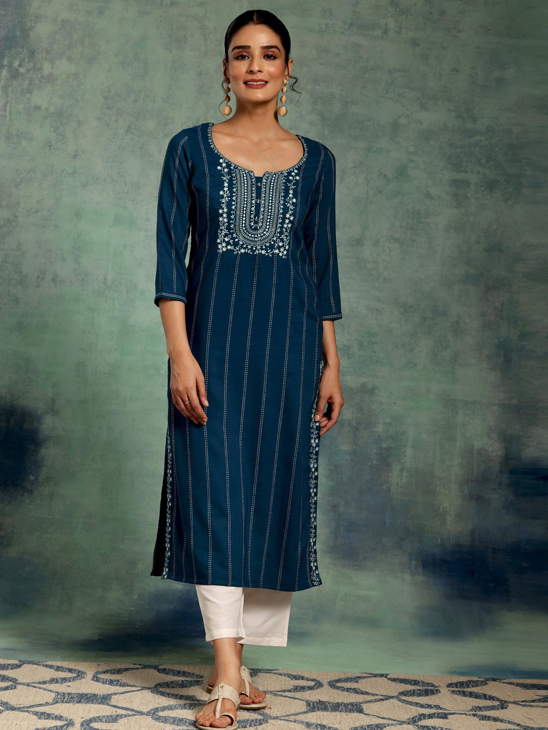 Teal Blue Yoke Design Silk Straight Kurta - Jashvi