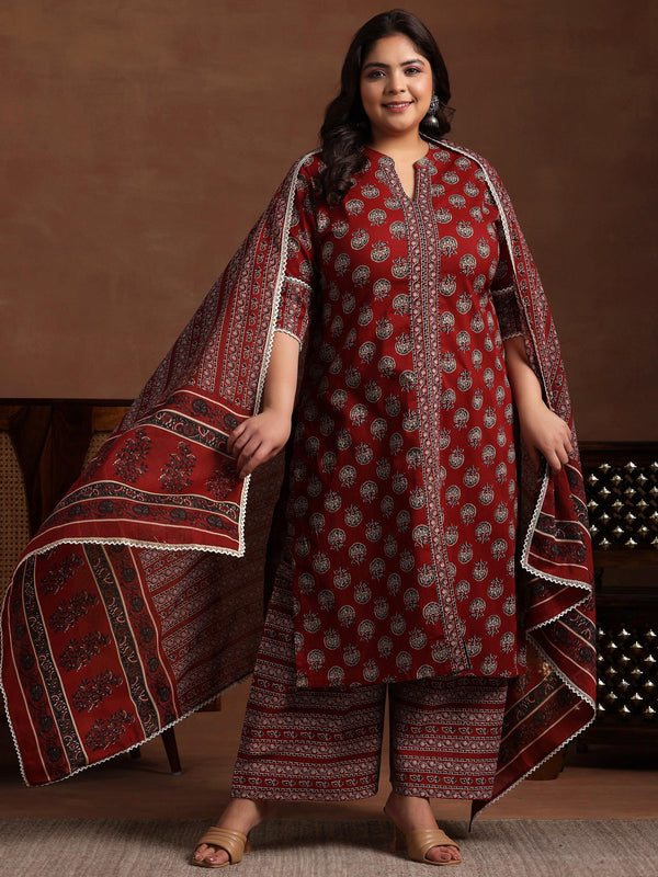 Plus Size Maroon Printed Cotton Straight Suit With Dupatta