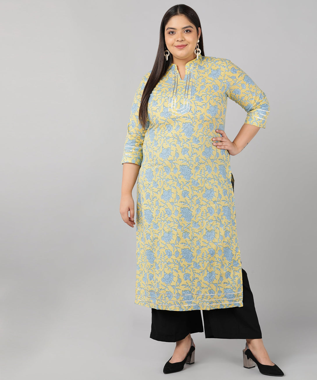 Women's Cotton Floral Print Straight Kurta (Yellow) - Kipek