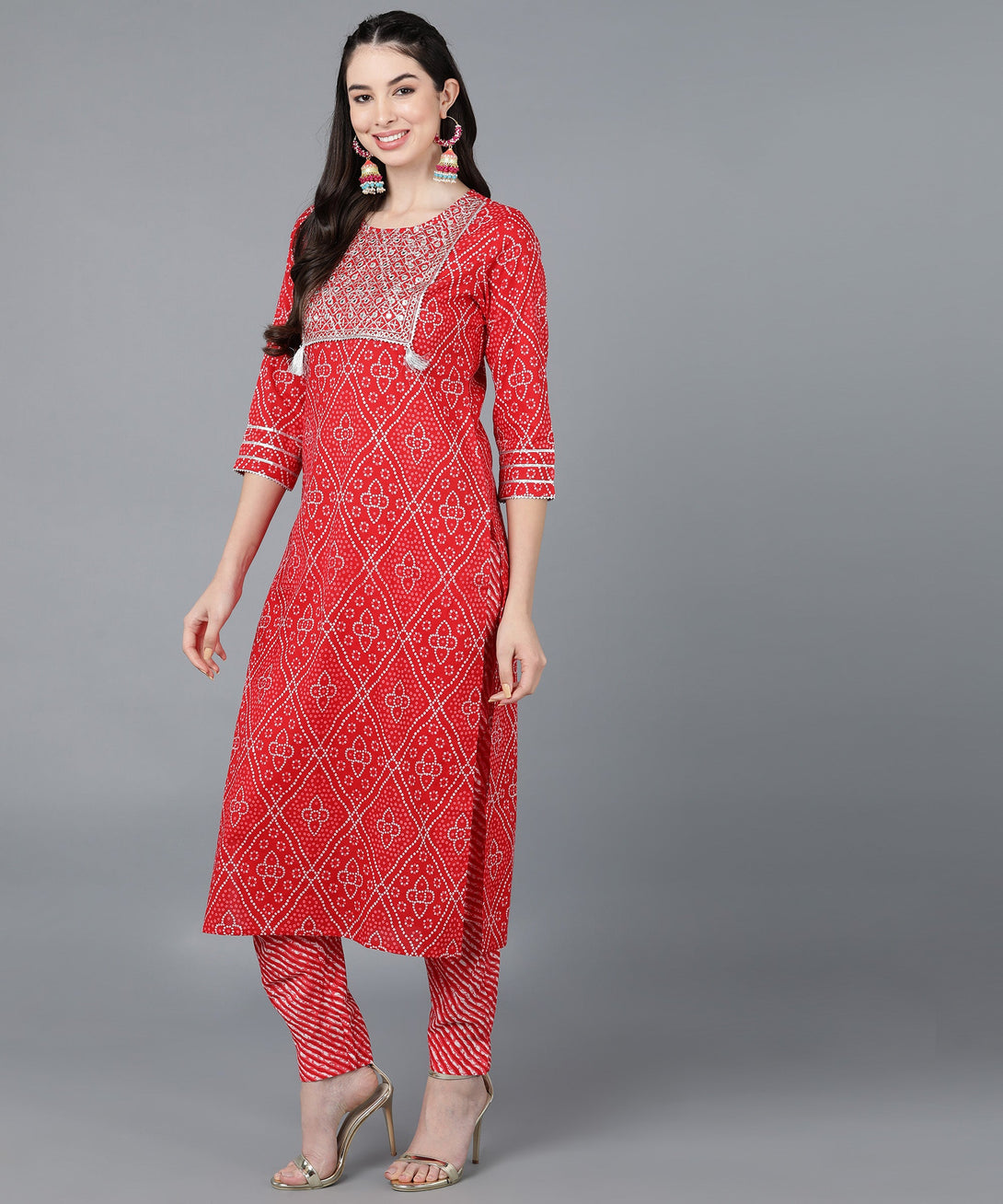 Women's Cotton Lehriya Print Straight Kurta Set (Red) - Kipek