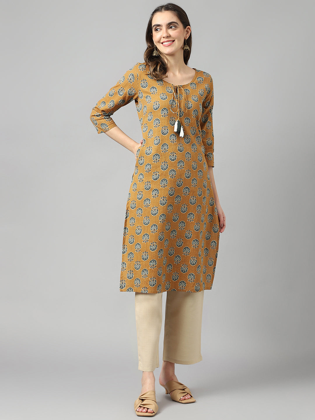 Women's Mustard Ethnic Motif Straight Kurta - Deckedup