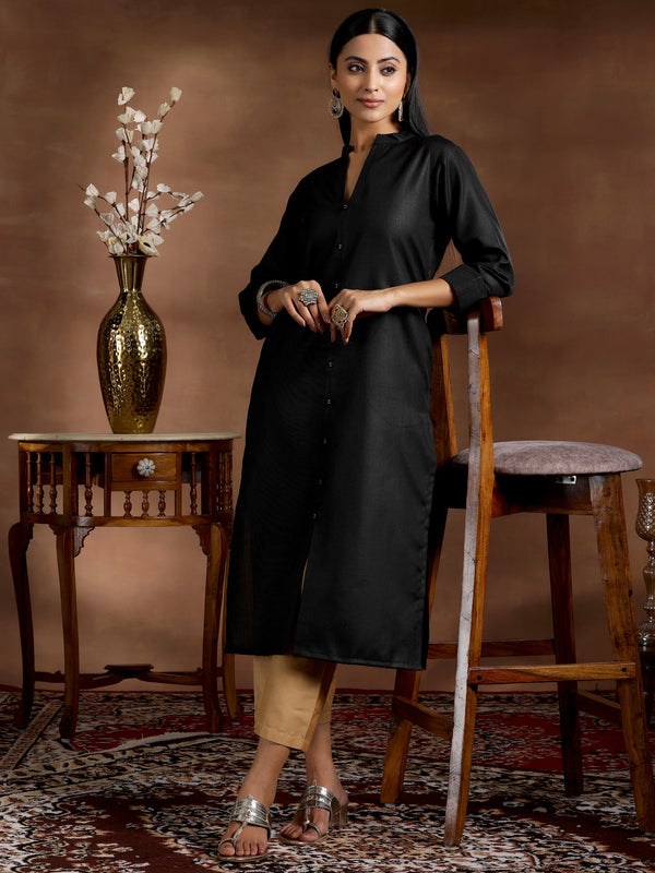 Black Solid Silk Straight Kurta