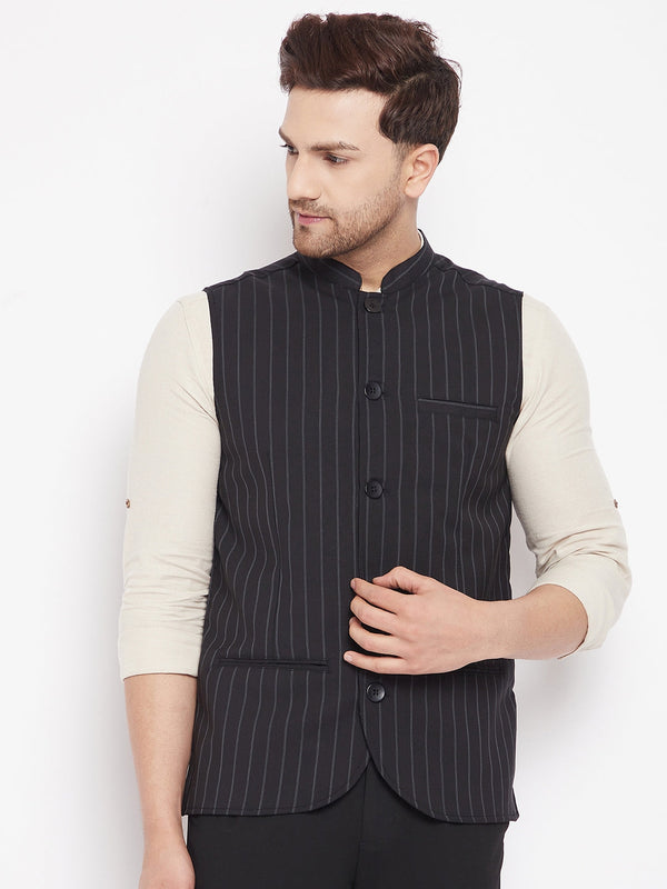 Men's Black Color Woven Nehru Jacket - Even Apparels