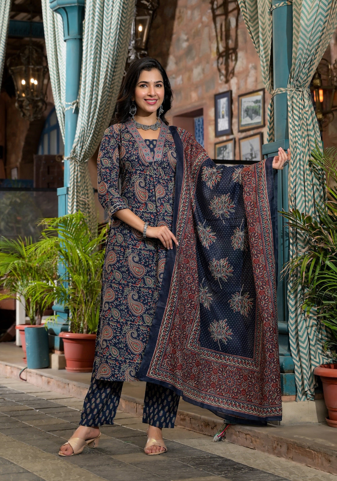 Women's Blue Embroidery Viscose Rayon Kurta, Pant And Dupatta Set - Alvami