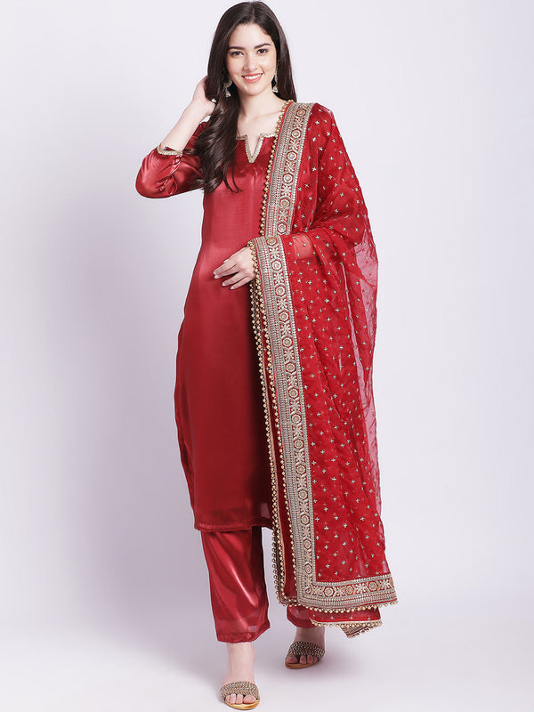 Women's Maroon Shine Organza Straight Kurti With Straight Palazzo And Embroidered Organza Dupatta - Anokherang