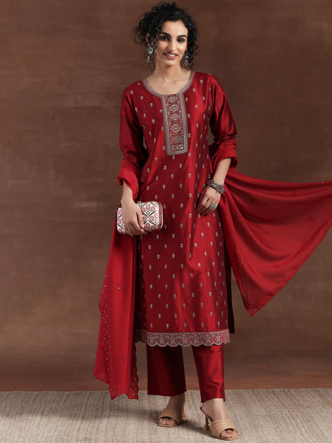 Red Embroidered Silk Blend Straight Suit With Dupatta - Jashvi