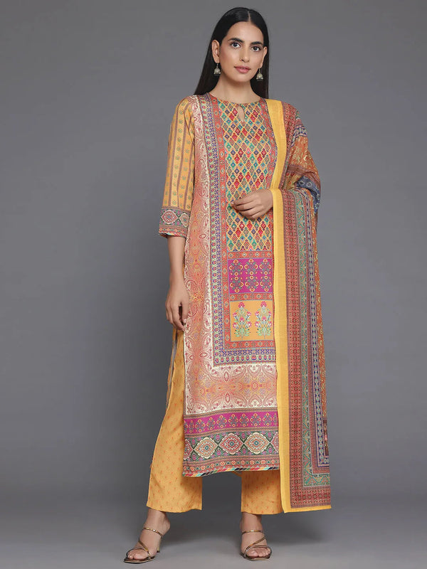 Mustard Printed Poly Crepe Straight Suit With Dupatta