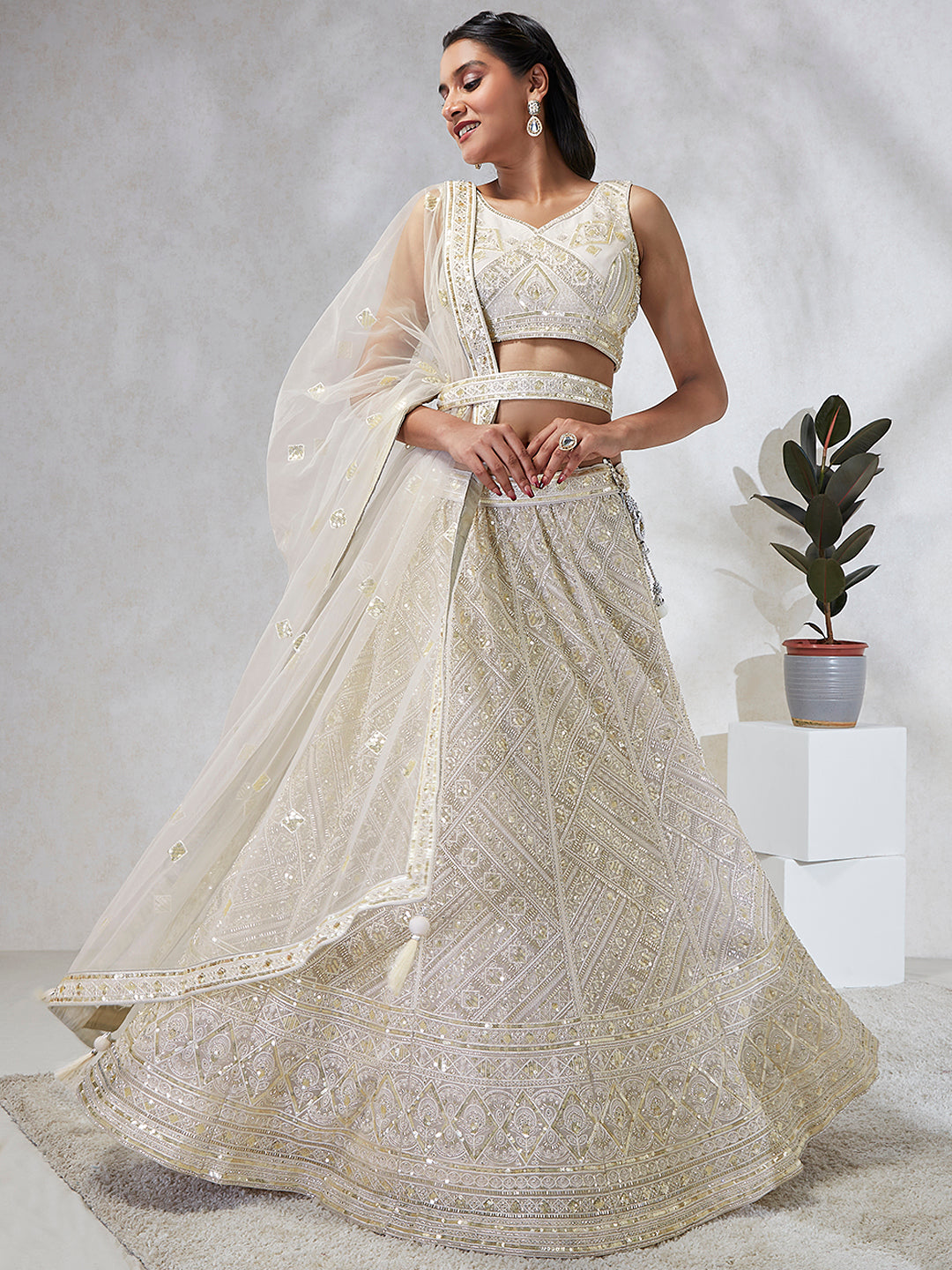 Women's Cream Net Cutdana, Sequins And Zarkan Embroidery  Lehenga Choli & Dupatta - Royal Dwells