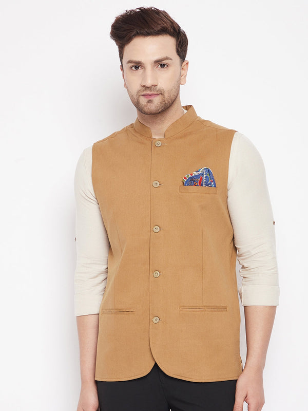 Men's Brown Color Nehru Jacket-Contrast Lining-Inbuilt Pocket Square - Even Apparels