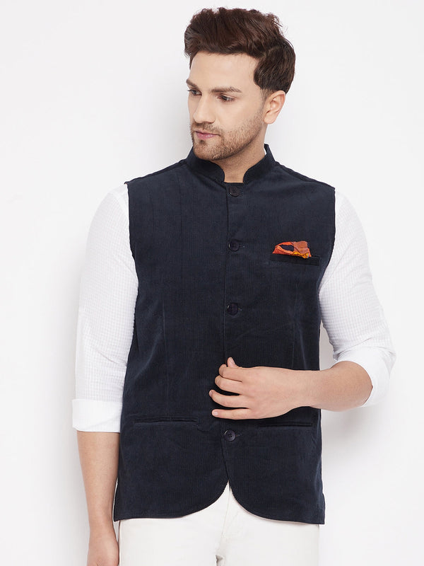 Men's Navy Color Nehru Jacket-Contrast Lining-Inbuilt Pocket Square - Even Apparels