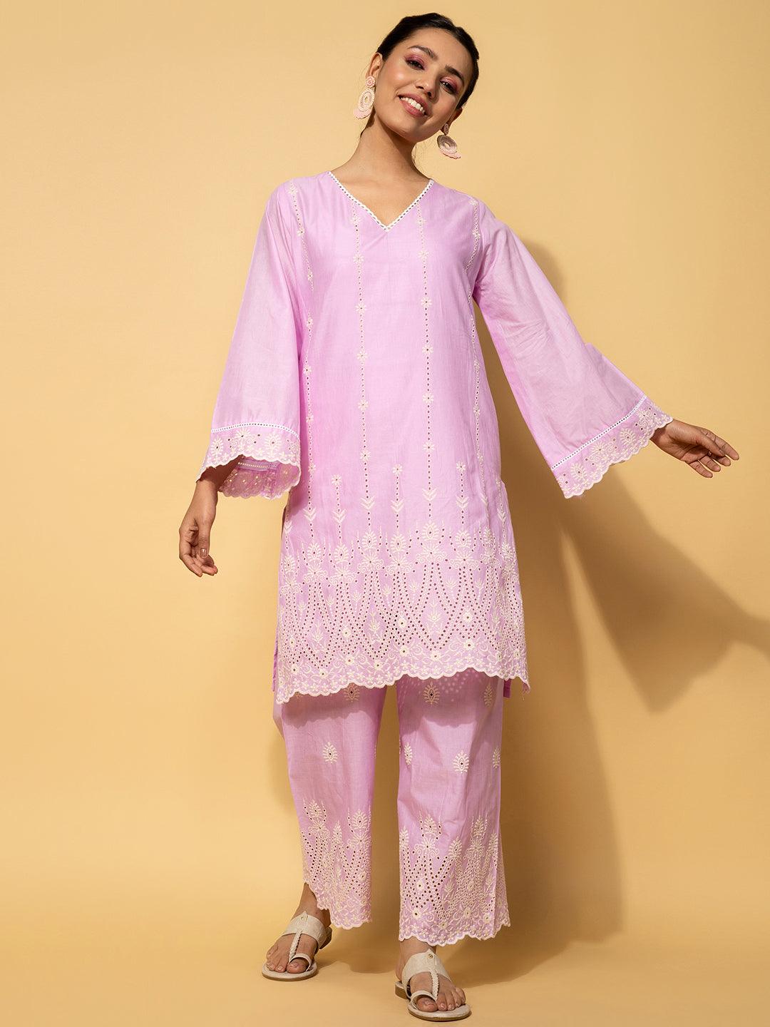 Lavender Embroidered Cotton Co-Ords - Jashvi