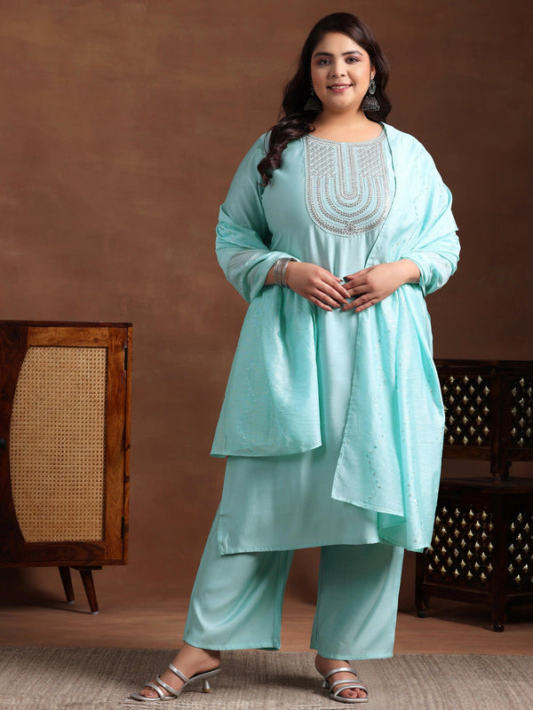 Plus Size Blue Yoke Design Silk Blend Straight Suit With Dupatta