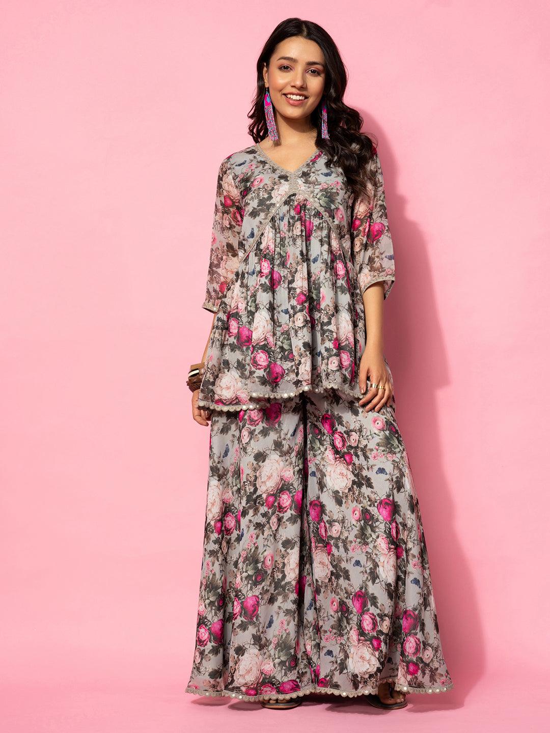 Grey Printed Georgette Co-Ords - Jashvi