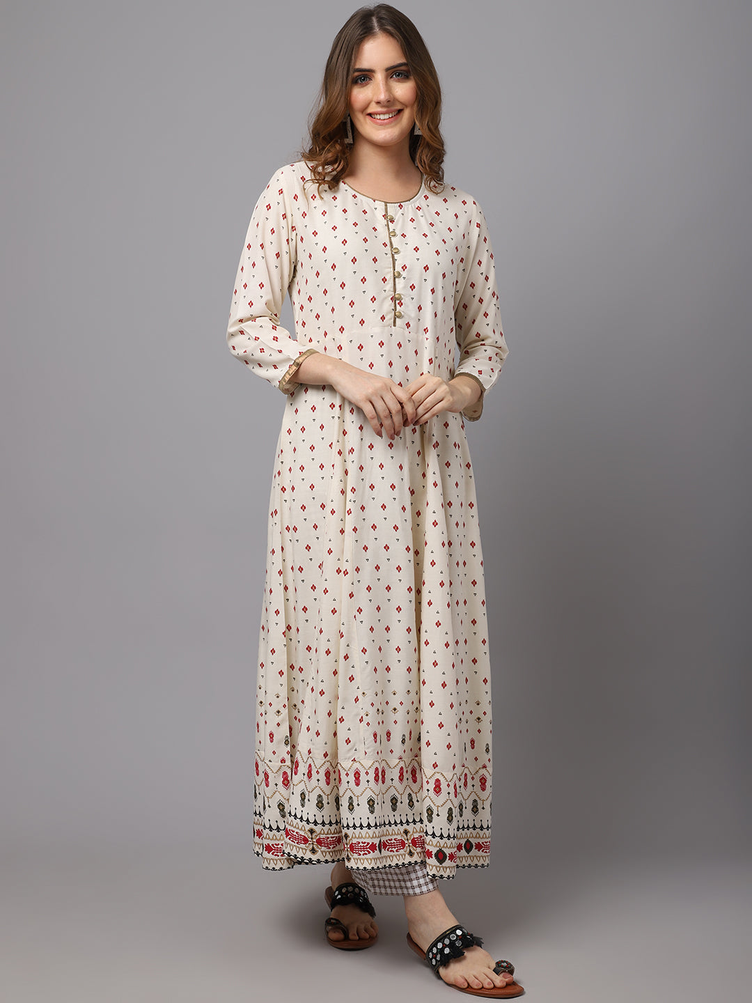 Women's Cream-Coloured Ethnic Motifs Printed Anarkali Kurta And Palazzo - Noz2Toz