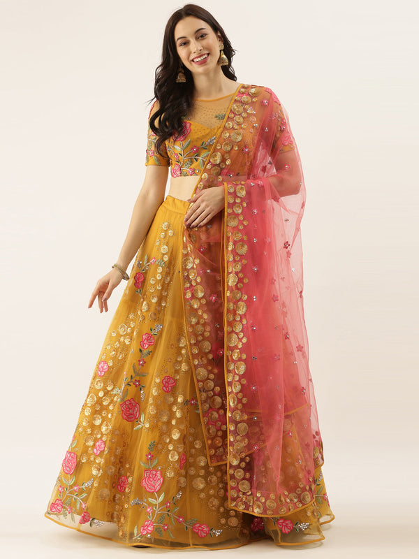 Women's  Mustard Net Ready To Wear Stone Work Lehenga Choli - Royal Dwells