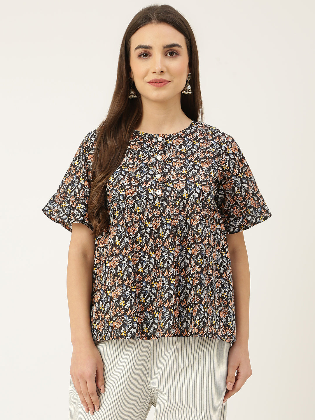 Women's Black Floral Top With Round Neck, Made With Soft And Comfort Cotton,Has A Placket With Buttons And Frill 3/4Th Sleeves. - Deckedup