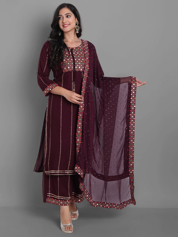 Women's Embroidred Kurta Pant And Dupatta Set (Maroon) - Noz2Toz