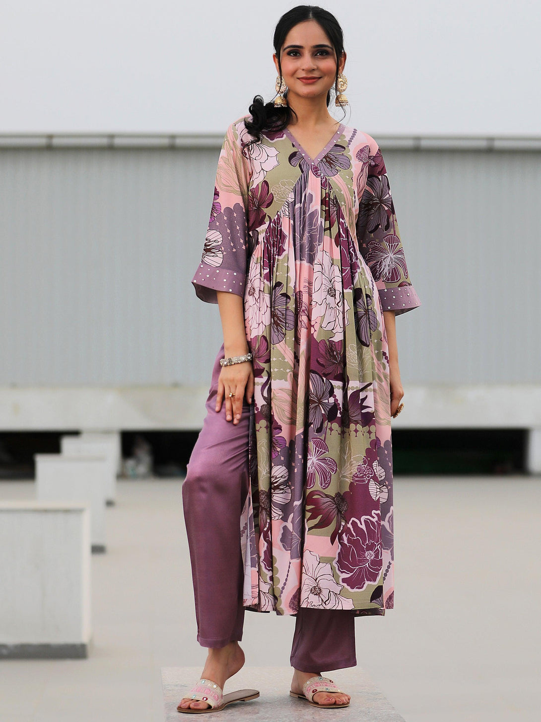 Mauve Printed Rayon A-Line Kurta With Trousers - Jashvi