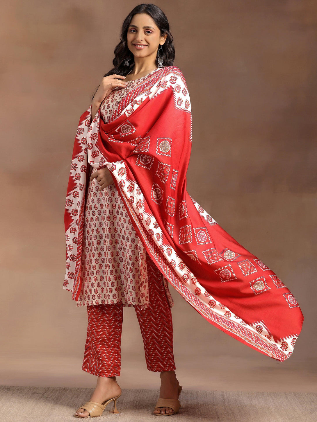 Beige Printed Silk Blend Straight Suit With Dupatta - Jashvi