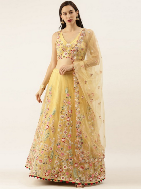 Women's Yellow Colour Net Circular Fully Stitched Lehenga & Blouse With Dupatta - Royal Dwells