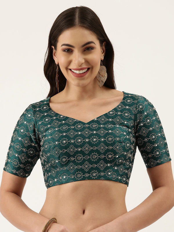 Women's Green Mirror Work Pure Silk Blouse - Royal Dwells