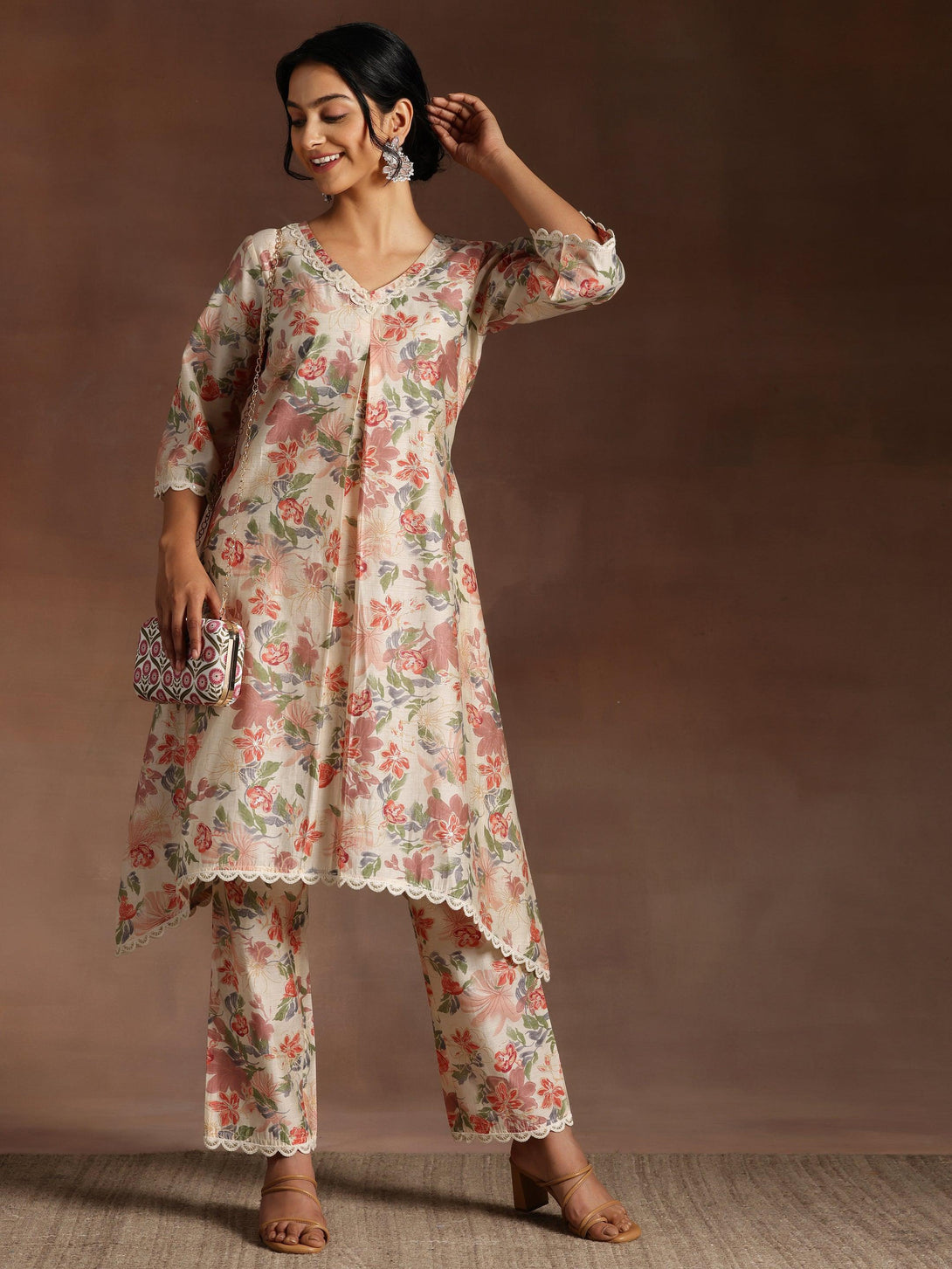 Khwaab Beige Printed Chanderi Silk A-Line Kurta With Trousers - Jashvi