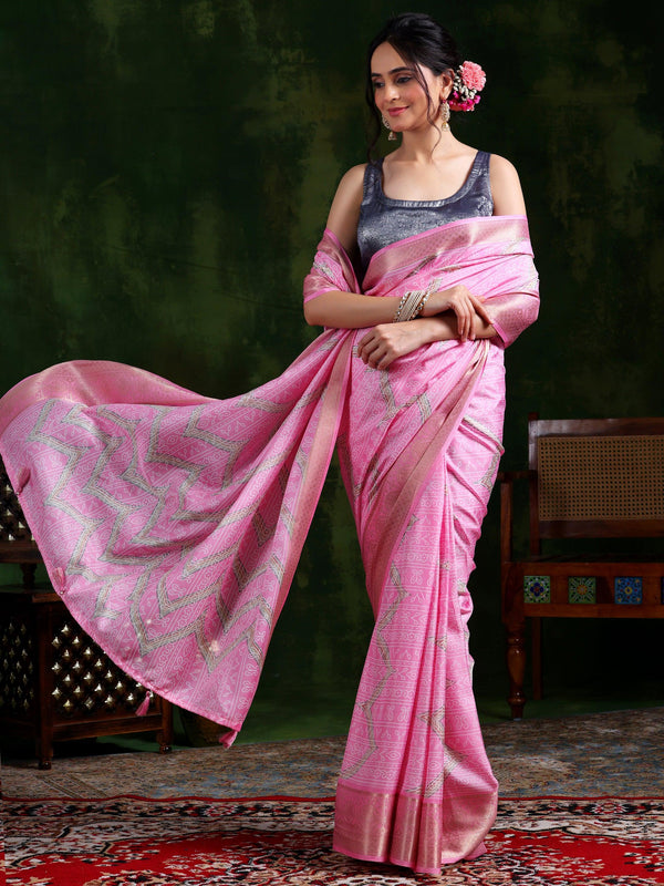 Pink Printed Silk Blend Saree With Unstitched Blouse Piece