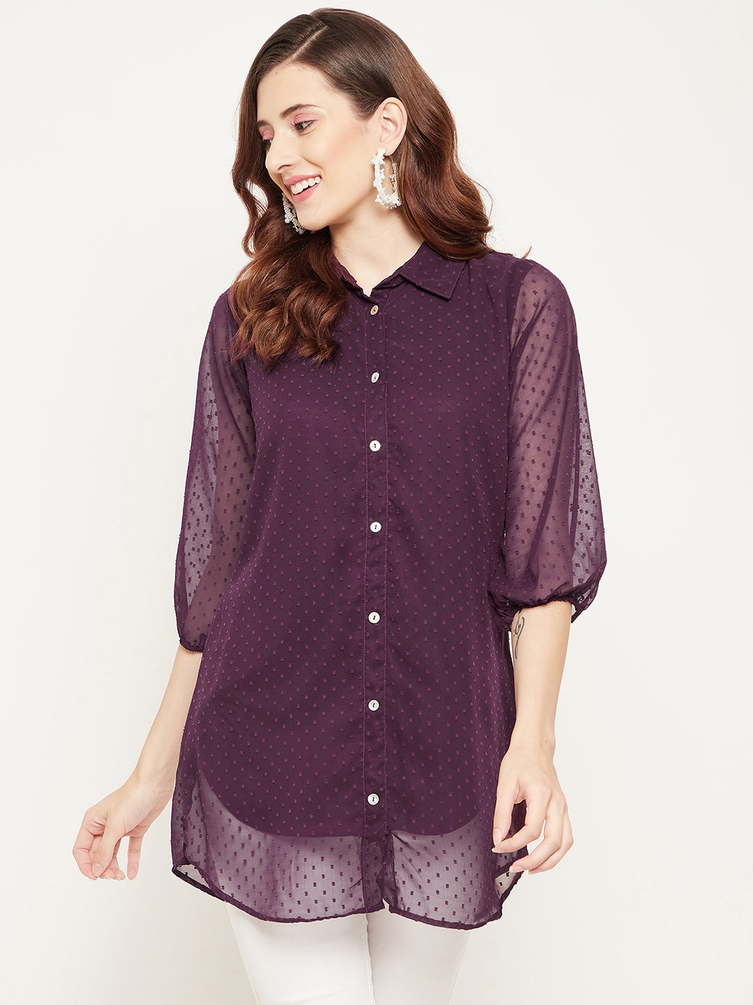 Women's Burgundy Solid Shirt Collar Dobby Tunic - Bitterlime