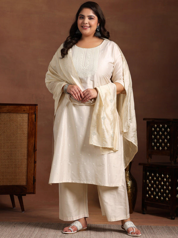 Plus Size Off White Embroidered Silk Blend Straight Suit With Dupatta