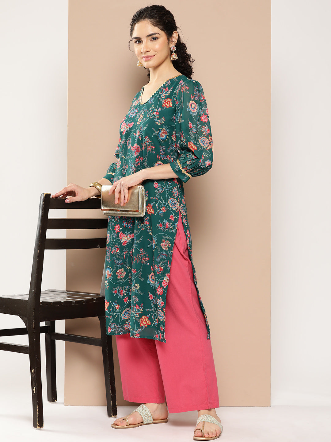 Women's Floral Printed Gotta Patti Floral Georgette Kurta - Ahalyaa