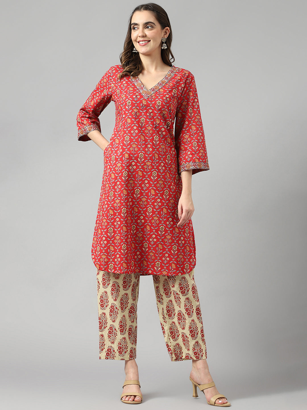 Women's Red Cotton Emboriedered Bagh Print Straight Kurta - Deckedup