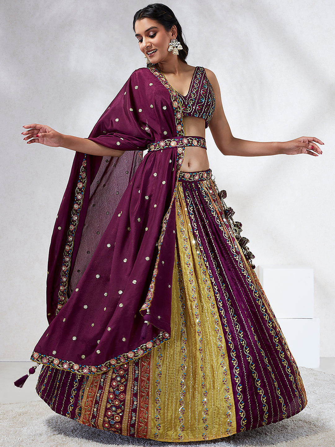 Women's Burgundy Pure Georgette Sequins And Thread Embroidery  Lehenga Choli & Dupatta - Royal Dwells