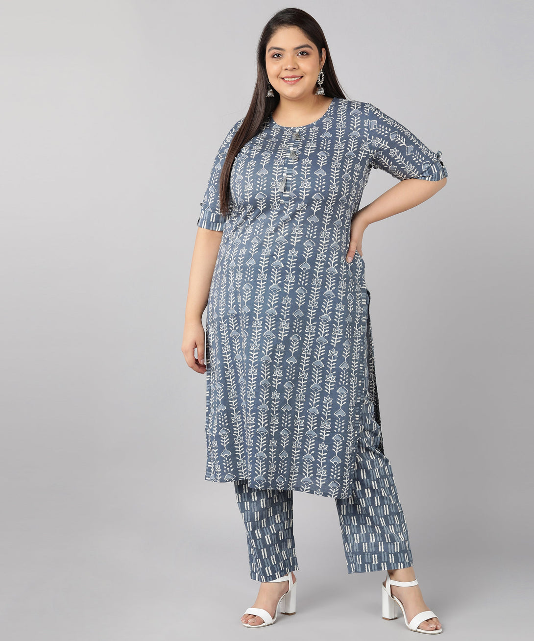 Women's Cotton Printed Straight Kurta Set (Grey) - Kipek