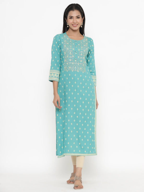 Women's Self Desgin Rayon Fabric Straight Kurta Sky Blue Color - Kipek