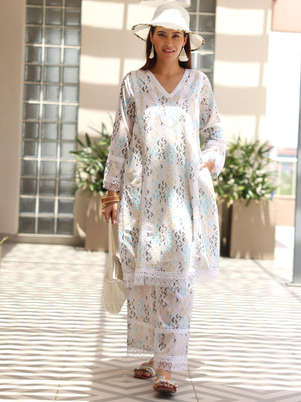 Off white Printed Cotton A-Line Kurta With Palazzos