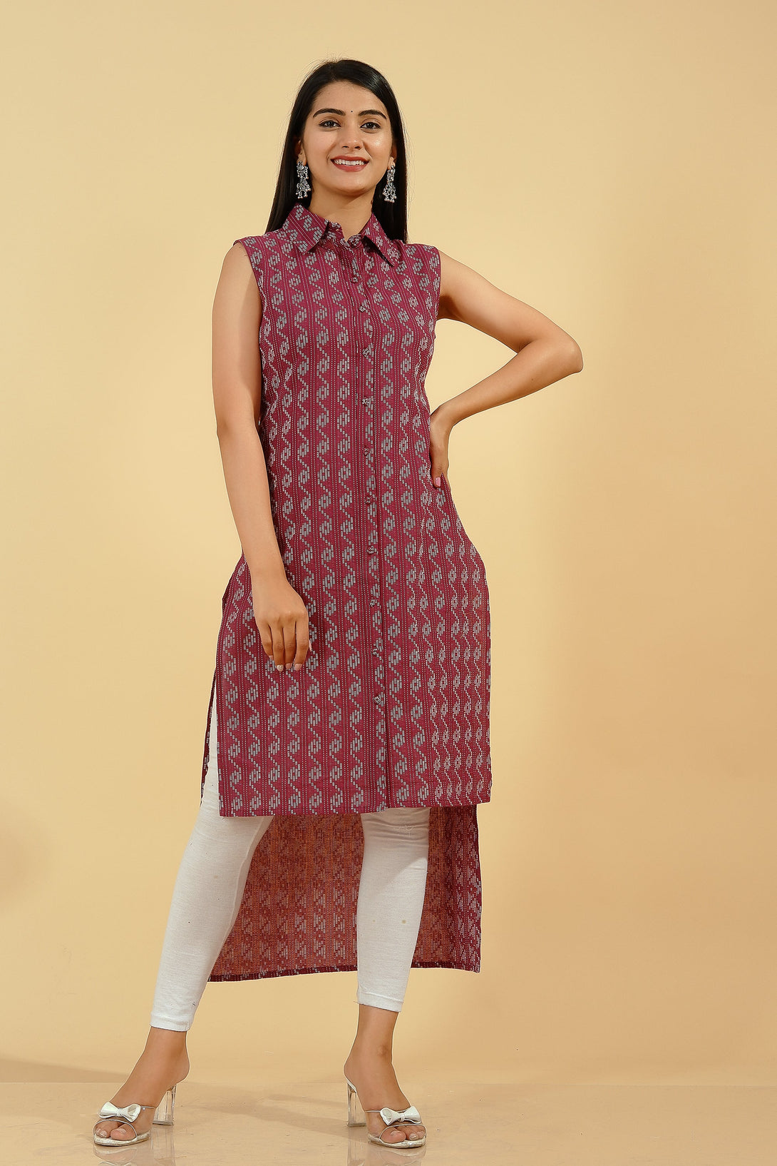 Women's D Line Printed Up-Down Kurta (Burgundy) - Kipek